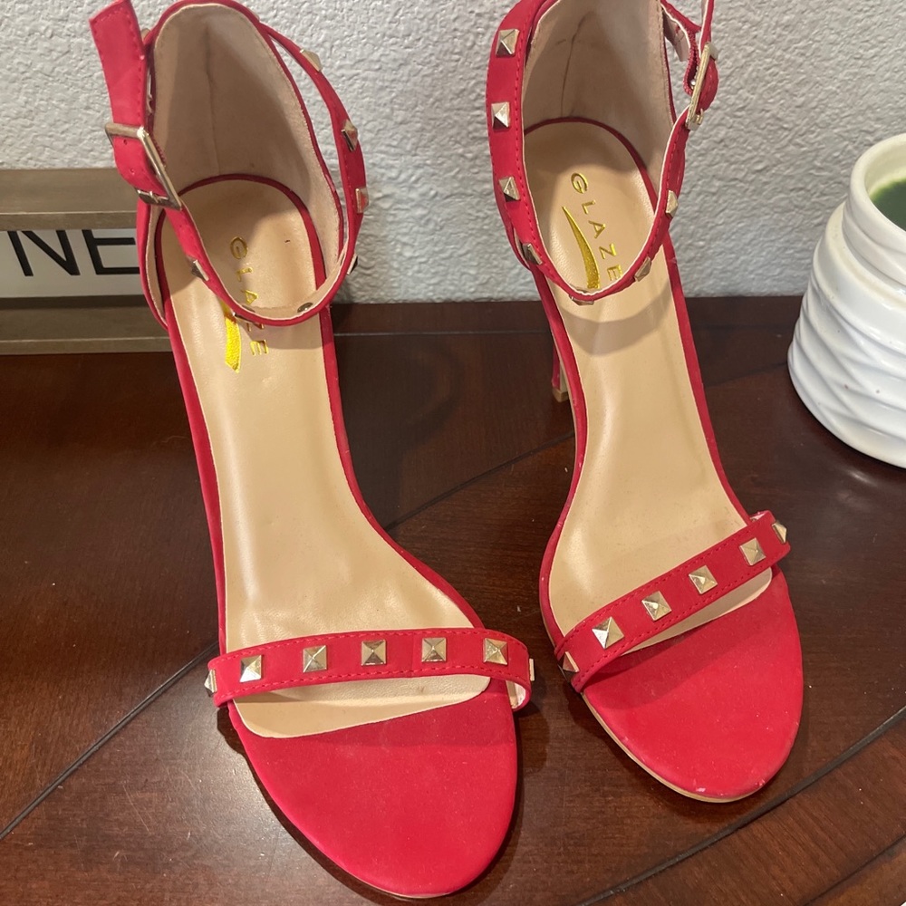 Red Sandal Heels With Gold Stud Embellishment